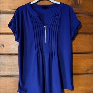 Blue Pleated Zip-Front Women's Top